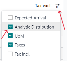 Wie eine Kostenverteilungsspalte zum Bestellformular in Odoo Einkauf hinzugefügt wird.