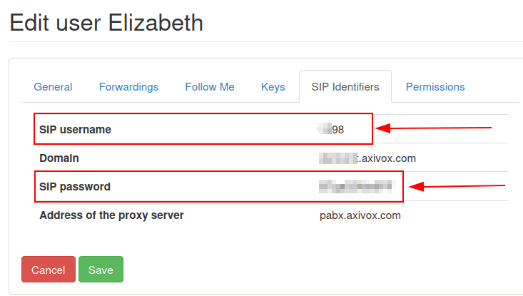 SIP-Anmeldedaten im Axivox-Manager.