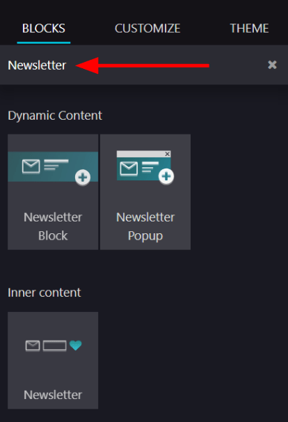 Ansicht, wie Sie schnell nach Newsletter-Blöcken in Odoo Website suchen können.