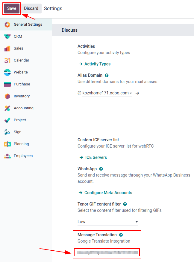Odoo-Konfiguration des API-Schlüssels aus der *Google API Console*.
