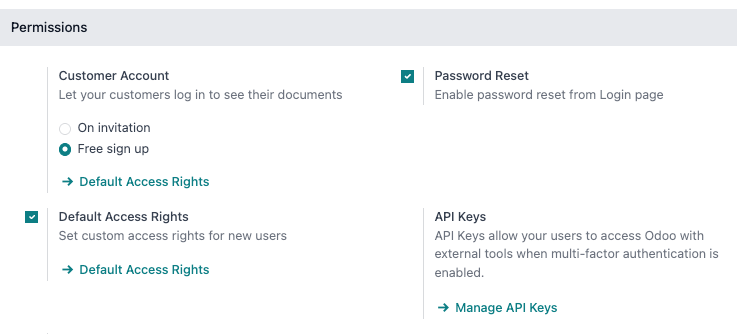 Aktivierung der Passwortrücksetzung in den Odoo-Einstellungen.