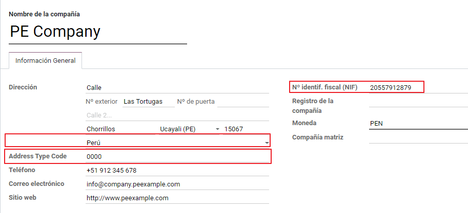 Unternehmensdaten für Peru mit RUC und Adresstypcode.