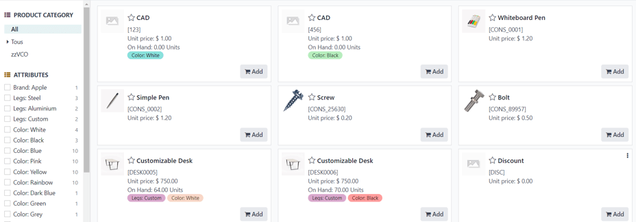Ein Produktkatalog, der über ein Angebot in der Odoo-Verkaufsapp zugänglich ist.