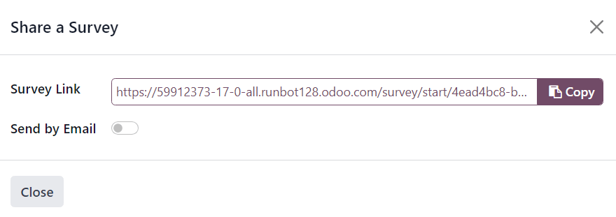 Das Pop-up-Fenster „Eine Umfrage teilen“, das in Odoo Umfragen erscheint.