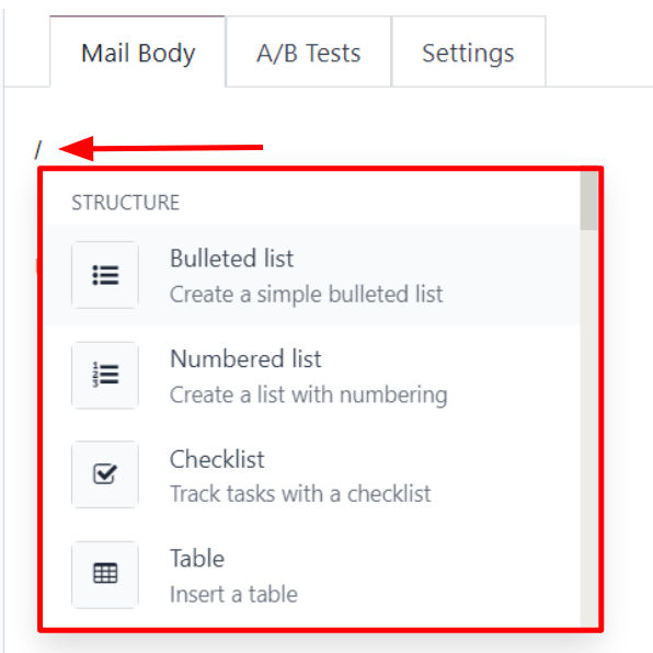 Ansicht des Drop-down-Menüs für den Rich-Text-Editor in der Odoo-E-Mail-Marketing-App.