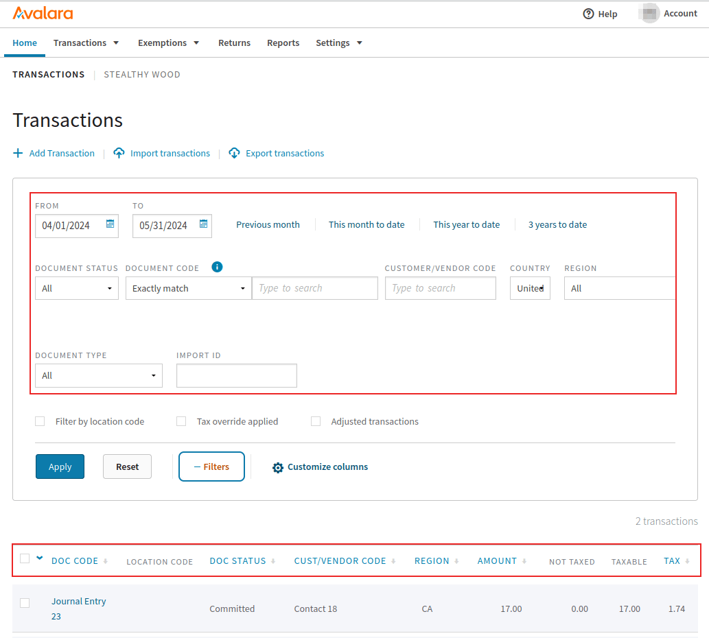Seite „Transactions“ auf dem Avalara-Portal mit den Filter- und Gruppierungsoptionen.