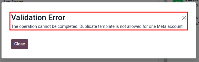 In Odoo angezeigte Fehlermeldung, wenn eine doppelte Vorlage existiert.
