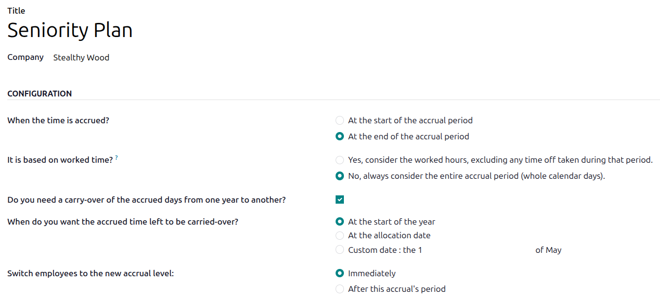 An accrual plan form filled out for a Seniority Plan.