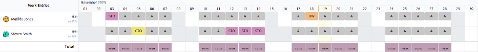 The work entries for a pay run, with some time off entered in the work entries.