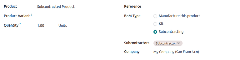 Bill of Materials configuration for subcontracting in Odoo.