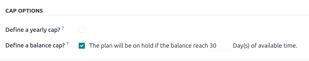 A balance cap of 30 days set in the Cap Options section.