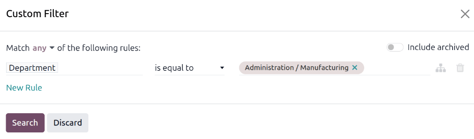 The custom filter to only show employees in the manufacturing department.
