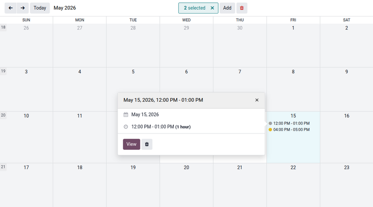 Deleting and modifying a slot in the calendar view.