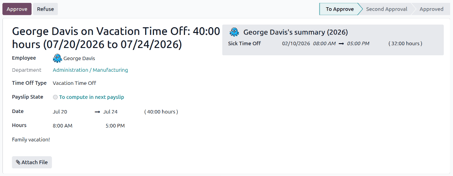 The detailed time off request form for the employee George Davis.