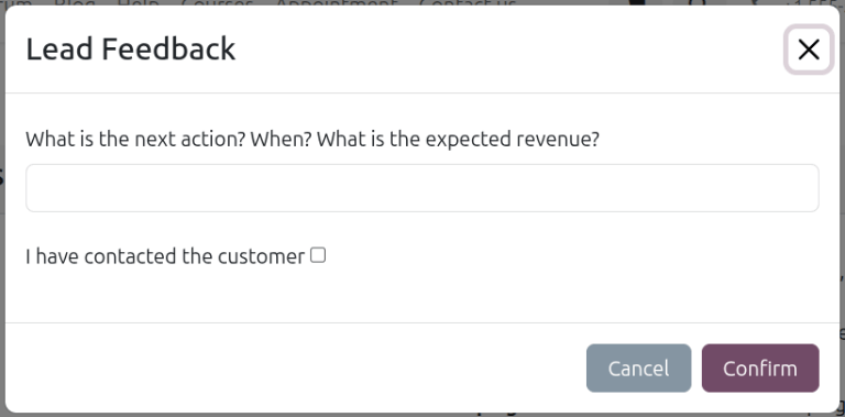 The Lead Feedback form brought up by clicking the "I'm interested" button.