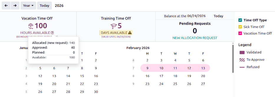 A view of the complete time off balance details in the popover window.