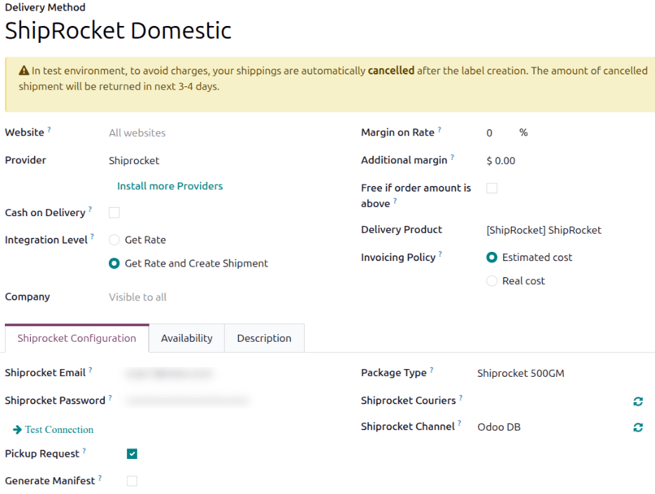 Complete the fields of the form to make the shipping method available.