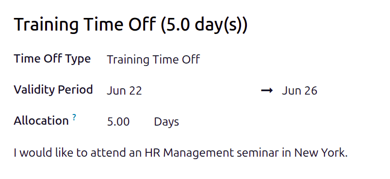 An allocation request form filled out for an employee requesting an additional week for training.