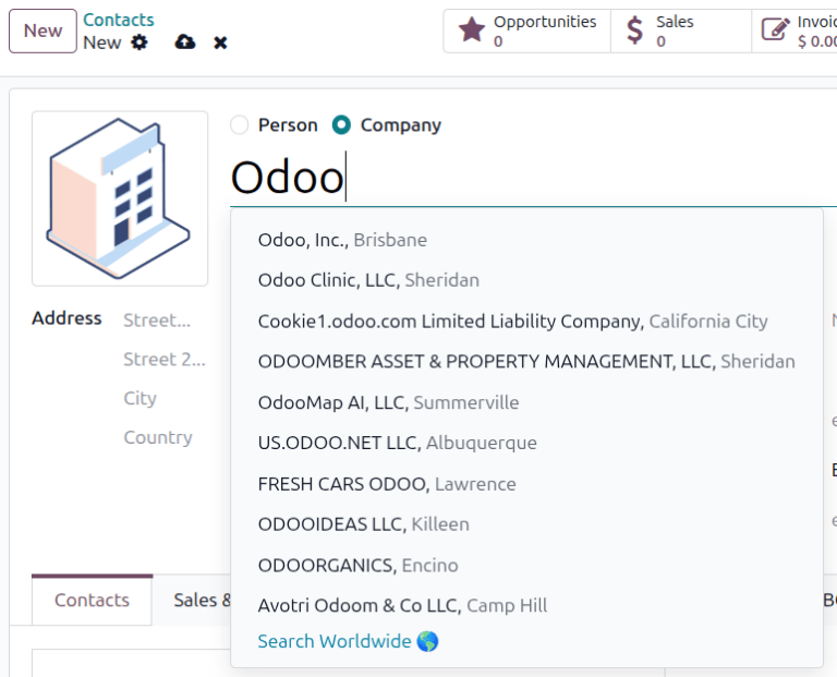 Creating a new contact in Odoo with the Partner Autocomplete feature suggesting possible businesses.