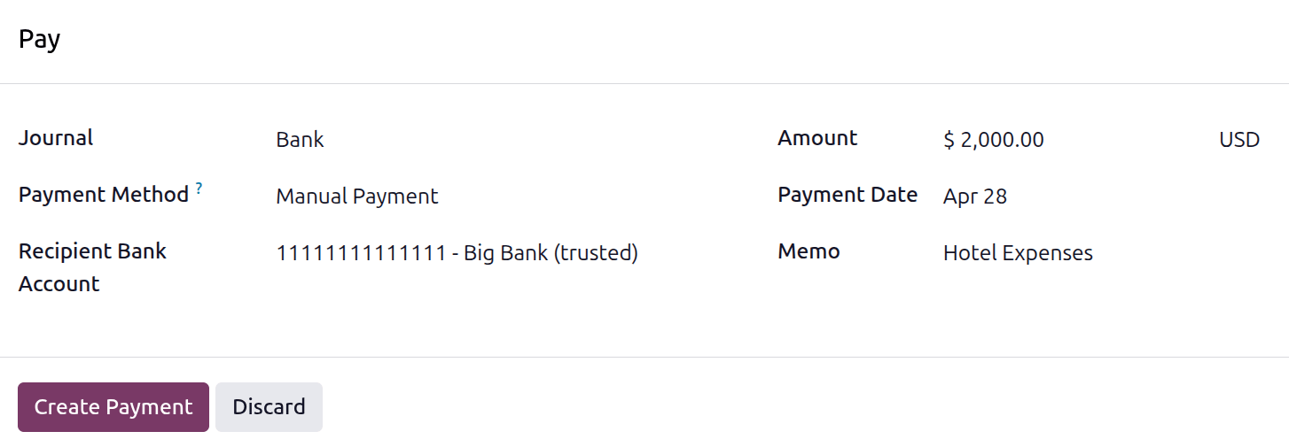 The Register Payment pop-up window filled out for an individual expense report reimbursement.