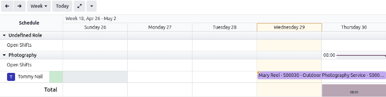 The Schedule by Resource page with a photographer shift in the Rental app.