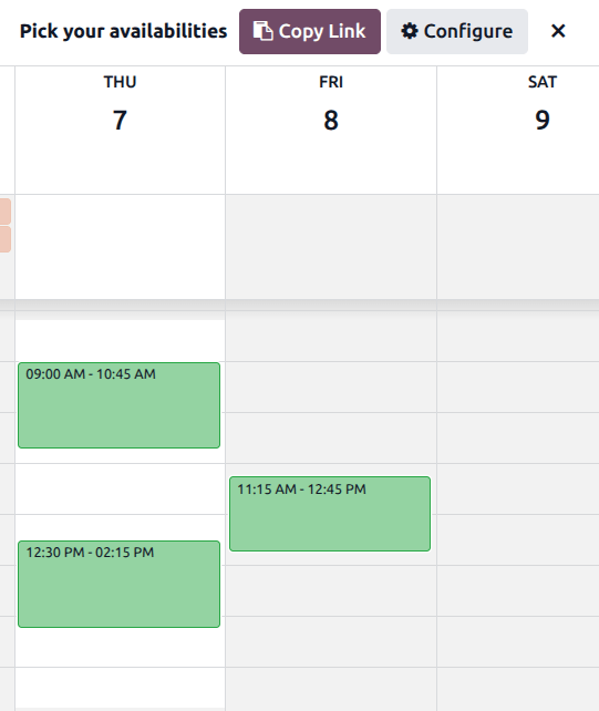 Selecting availabilites on the Calendar dashboard.