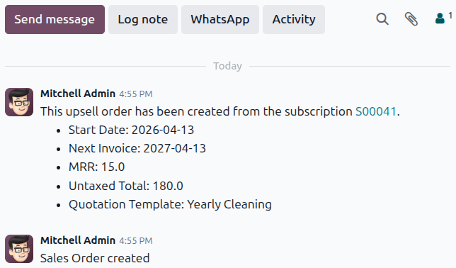 Chatter for an upsell order showing information related to the original subscription sales order.