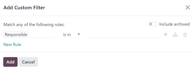 La ventana emergente para añadir un filtro personalizado que aparece en la aplicación Marketing por correo electrónico de Odoo.