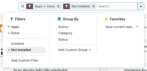 Añadir el filtro «Extra» en Aplicaciones de Odoo.