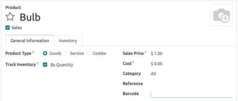 El campo 'Código de barras' en un formulario de producto con un cursor activo.