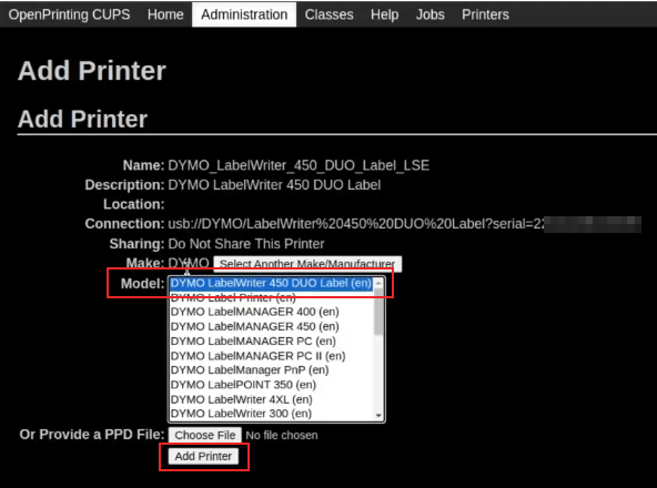 Pantalla donde se selecciona un modelo en la consola de OpenPrinting CUPS, con el modelo y la opción «Añadir impresora» resaltados.