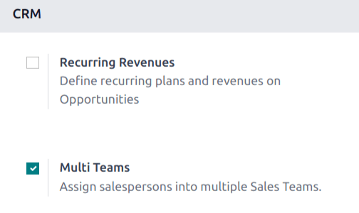 La página de ajustes de la aplicación CRM con la función “Múltiples equipos” habilitada.