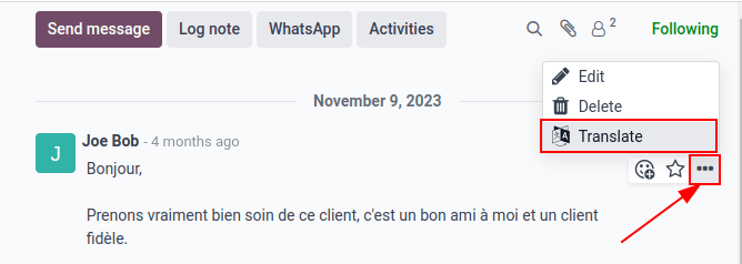 La opción de Traductor de Google en el chatter de una base de datos de Odoo.