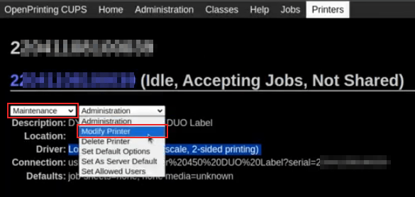 Modificar el fabricante y el modelo de la DYMO LabelWriter. Los menús desplegables Mantenimiento y Modificar aparecen resaltados.