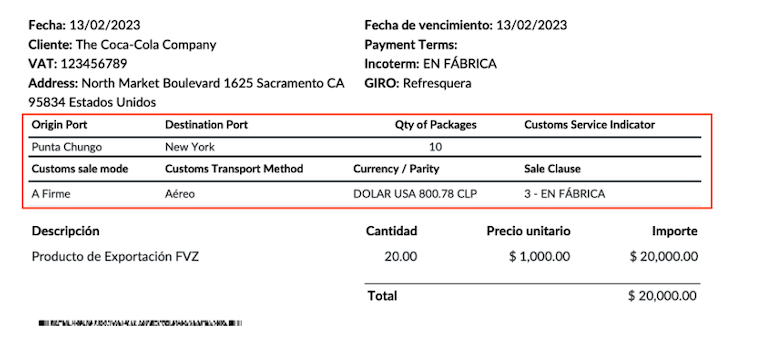 Sección para Exportaciones electrónicas de bienes en el informe PDF.