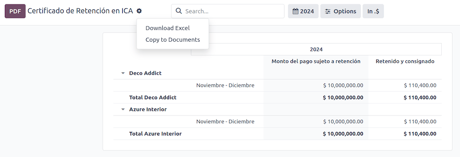 Informe de Certificado de retención en ICA en la aplicación Contabilidad de Odoo.