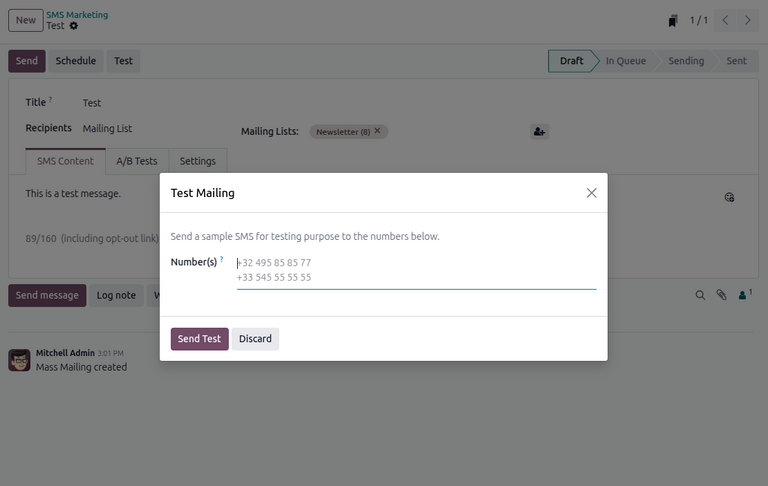 Vista de una prueba de SMS en Odoo Marketing por SMS.