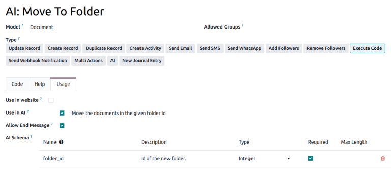 AI move to folder सर्वर ऐक्शन का usage टैब।