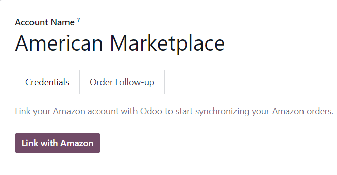 Odoo सेल्स में एक सामान्य Amazon अकाउंट फ़ॉर्म पेज और Amazon के साथ लिंक करें बटन।