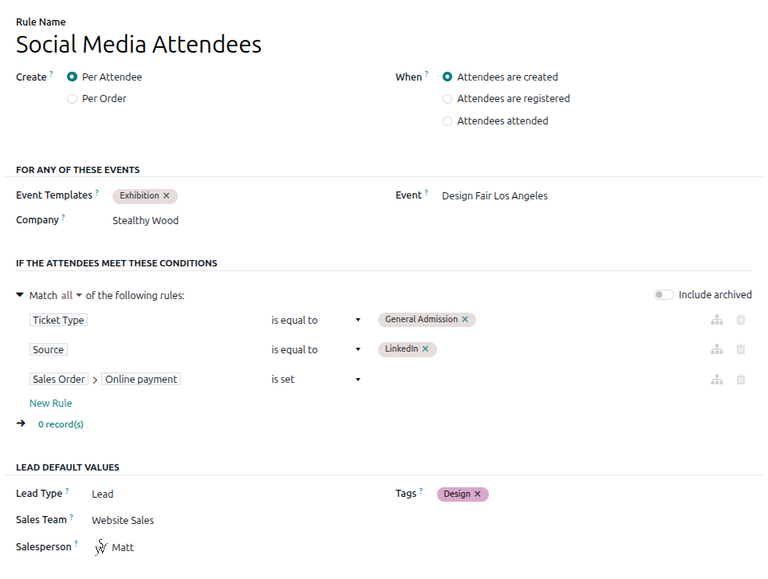 Example lead generation form in Odoo Events.