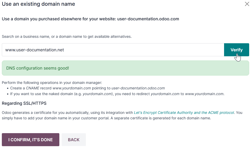 Odoo ऑनलाइन डेटाबेस के लिए डोमेन नाम को मैप करना