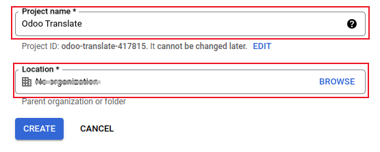 Google OAuth के लिए प्रोजेक्ट नाम और जगह।