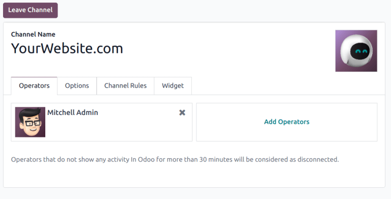 Odoo लाइव चैट के लिए लाइव चैट चैनल फ़ॉर्म का व्यू।