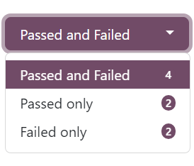 Odoo Surveys ऐप्लिकेशन के 'See results' पेज पर 'Passed and Failed' ड्रॉप-डाउन मेन्यू।