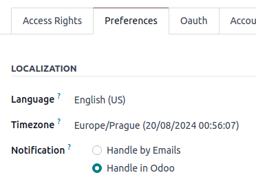 Odoo डिस्कस के लिए प्राथमिकताएं टैब का व्यू।