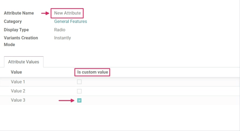प्रॉडक्ट वैरिएंट एट्रिब्यूट कॉन्फ़िगरेशन स्क्रीन।