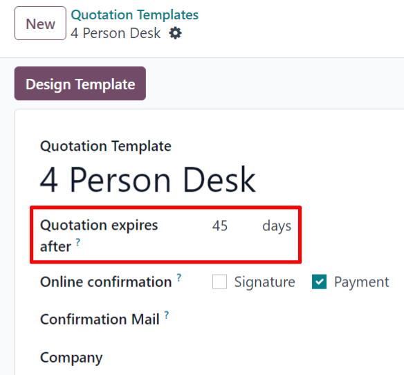Odoo Sales में एक कोटेशन टेम्प्लेट फ़ॉर्म पर quotation expires after फ़ील्ड।