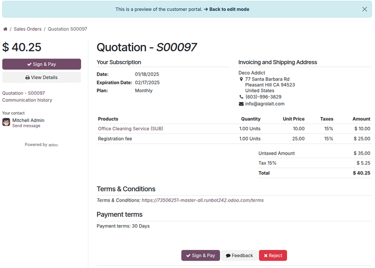 Odoo सेल्स में कोटेशन टेम्प्लेट का ग्राहक प्रीव्यू।