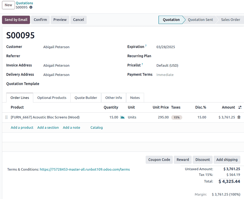 Odoo **सेल्स** ऐप्लिकेशन में अपुष्ट सेल्स कोटेशन।