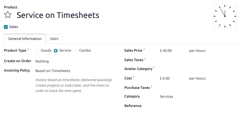 सर्विस प्रॉडक्ट का व्यू जिसमें इनवॉइसिंग पॉलिसी 'Based on timesheets' पर सेट है।